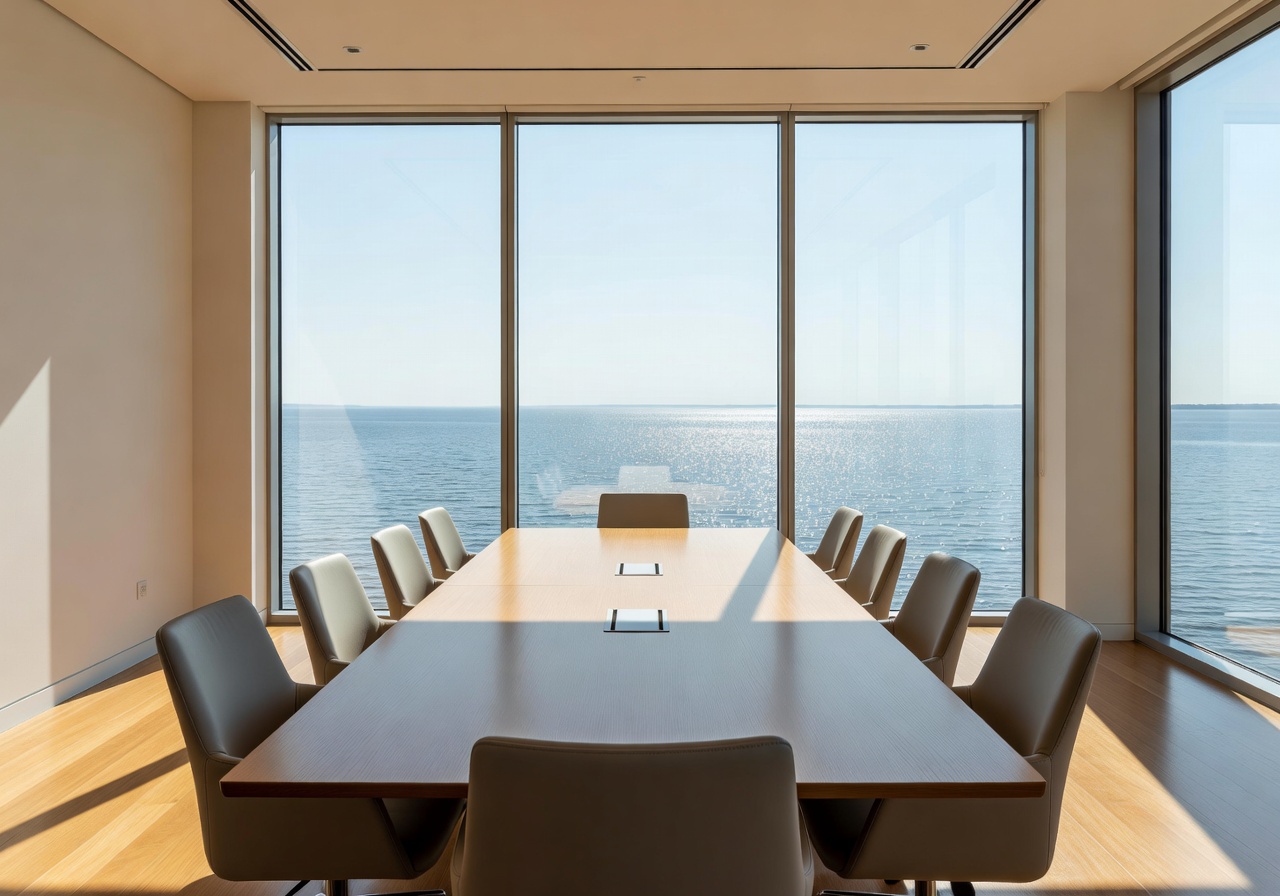 Bright meeting room with large windows facing the water