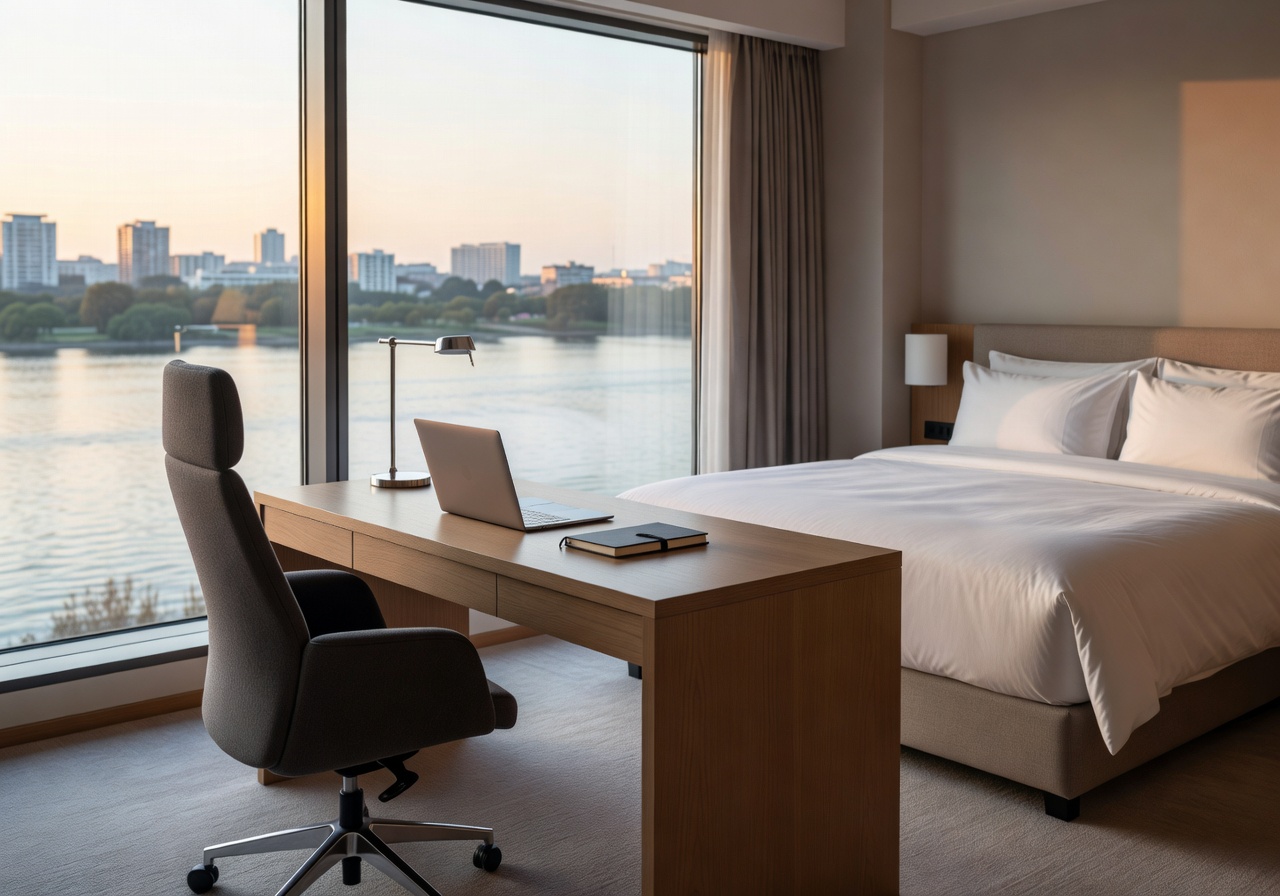 Comfortable business hotel room with desk and river views