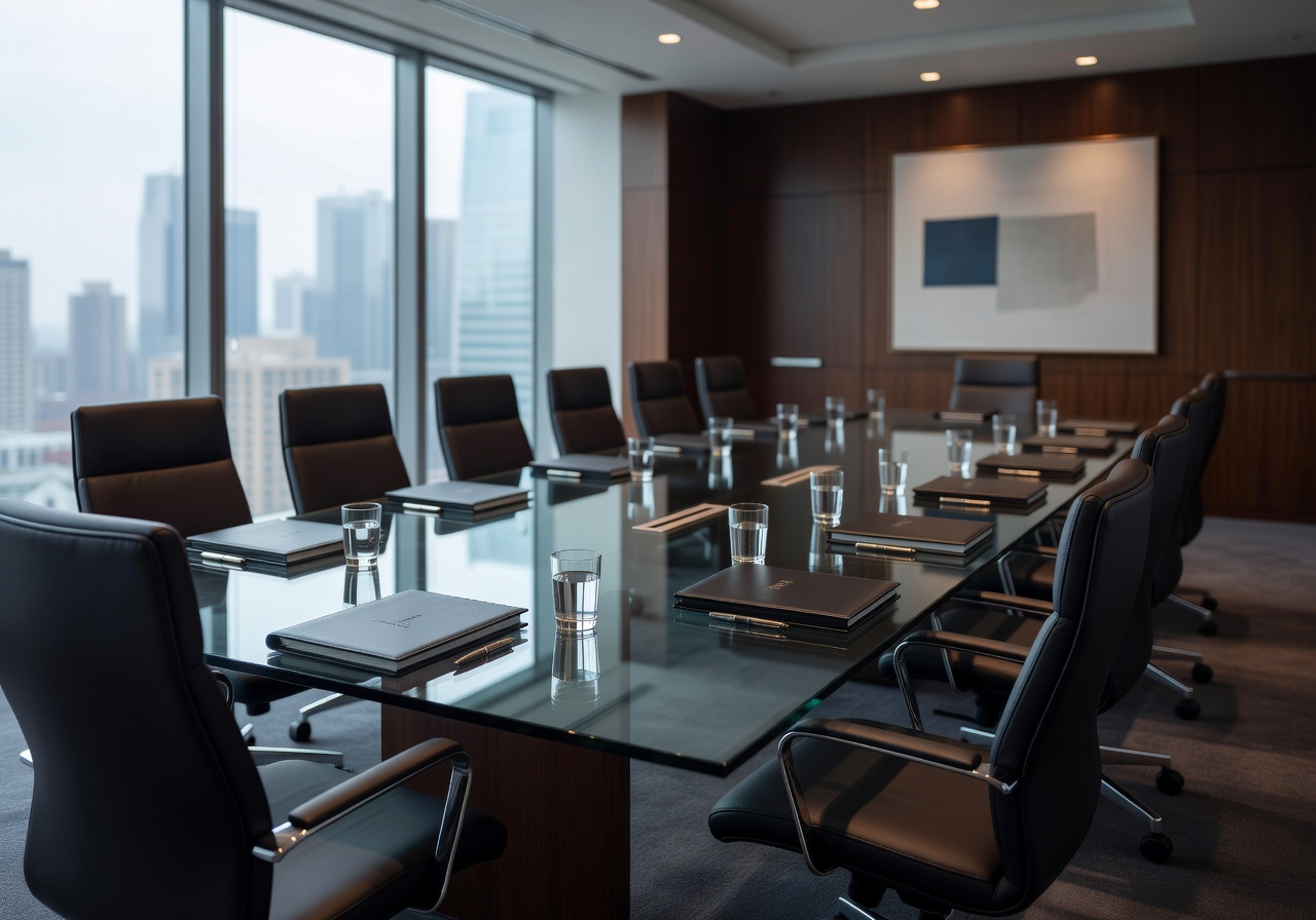 Corporate boardroom meeting setup with glass table