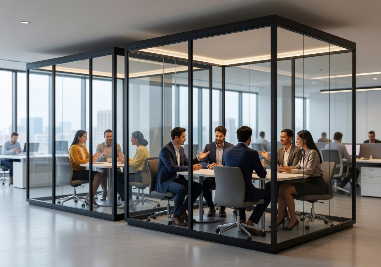 Glass enclosed meeting pods for quick huddles