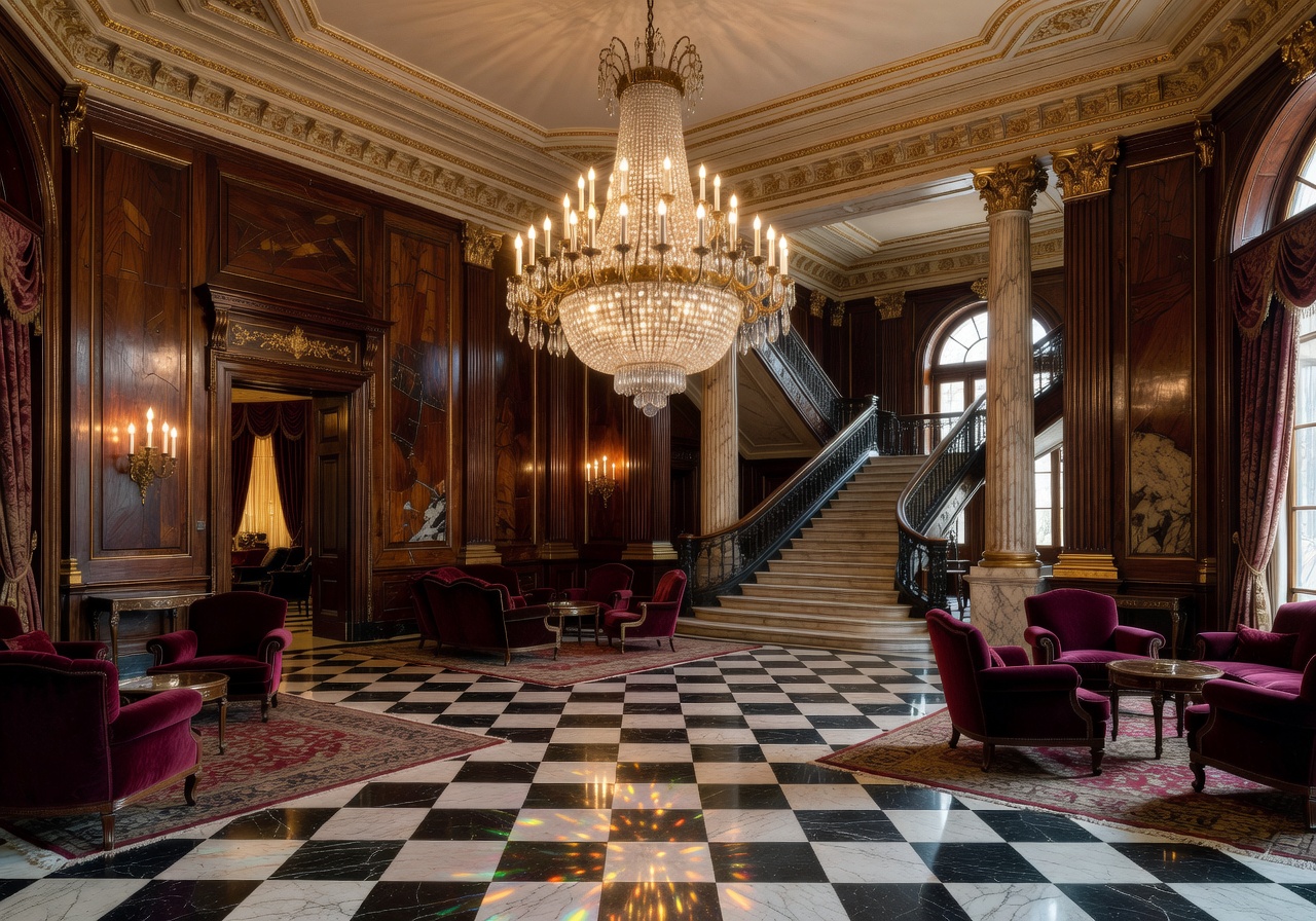 Historic luxury lobby with chandelier and marble floors