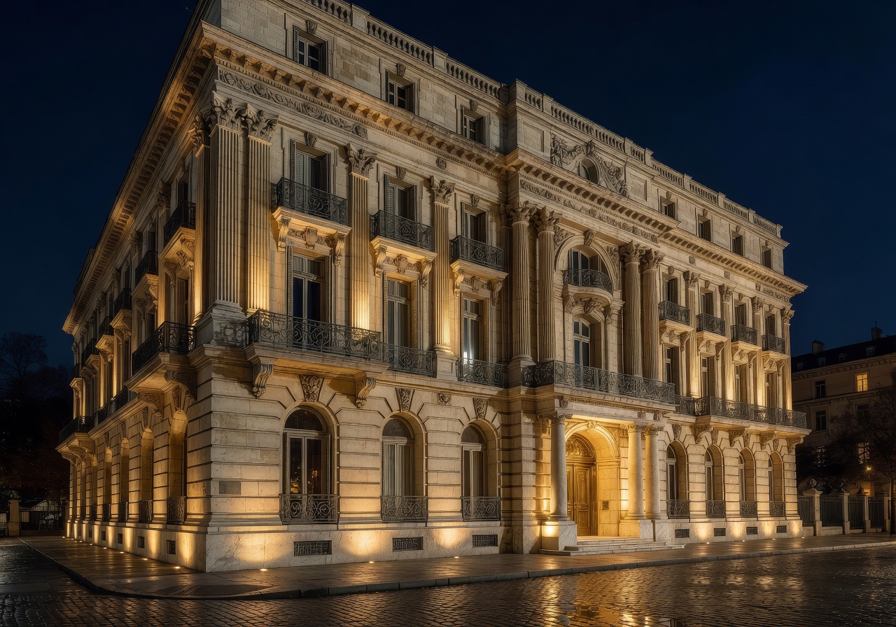 Hotel Continental historic facade illuminated at night