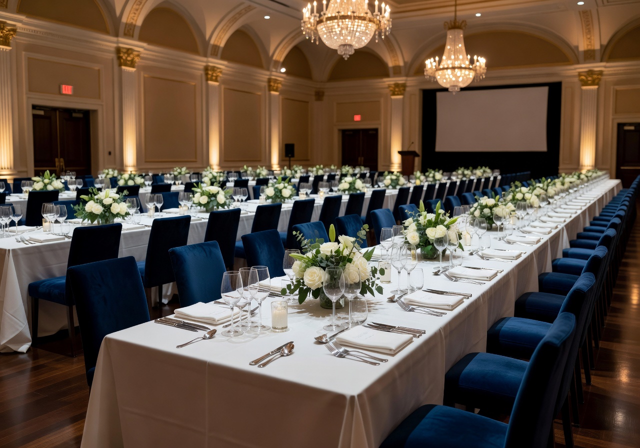 Large scale banquet setup for corporate dinner