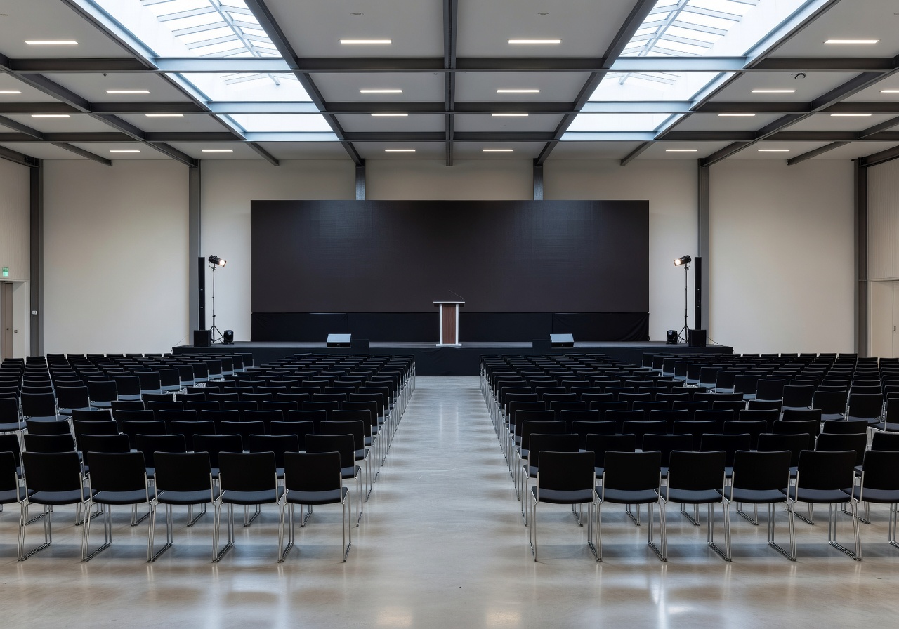 Large scale conference hall setup with stage and seating