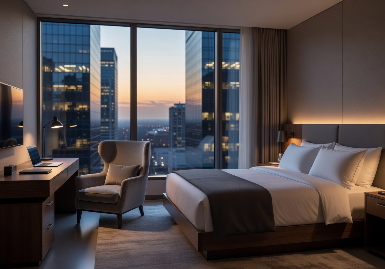 Modern business class hotel room with city views