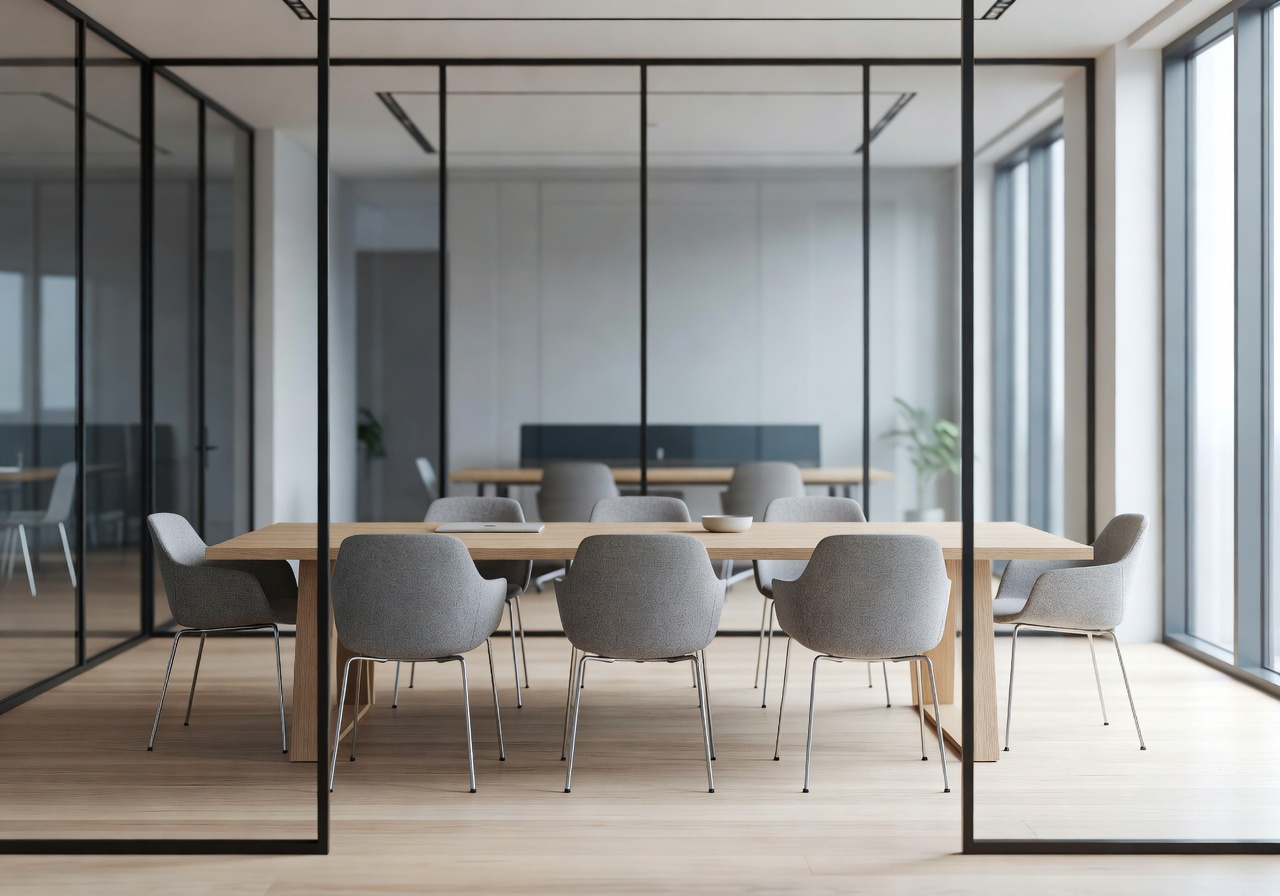 Modern Scandinavian corporate meeting room with glass walls