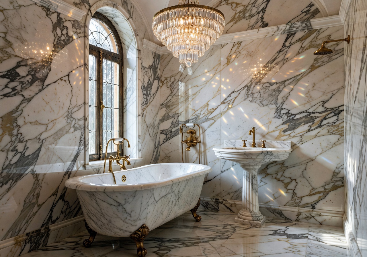 Opulent marble bathroom with classic fixtures