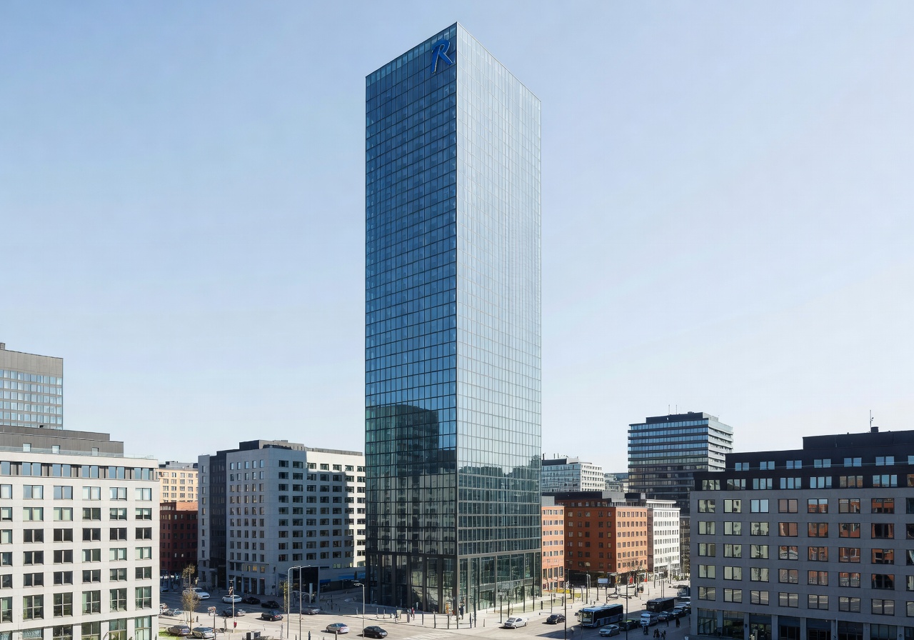 Radisson Blu Plaza Hotel towering skyscraper in downtown Oslo
