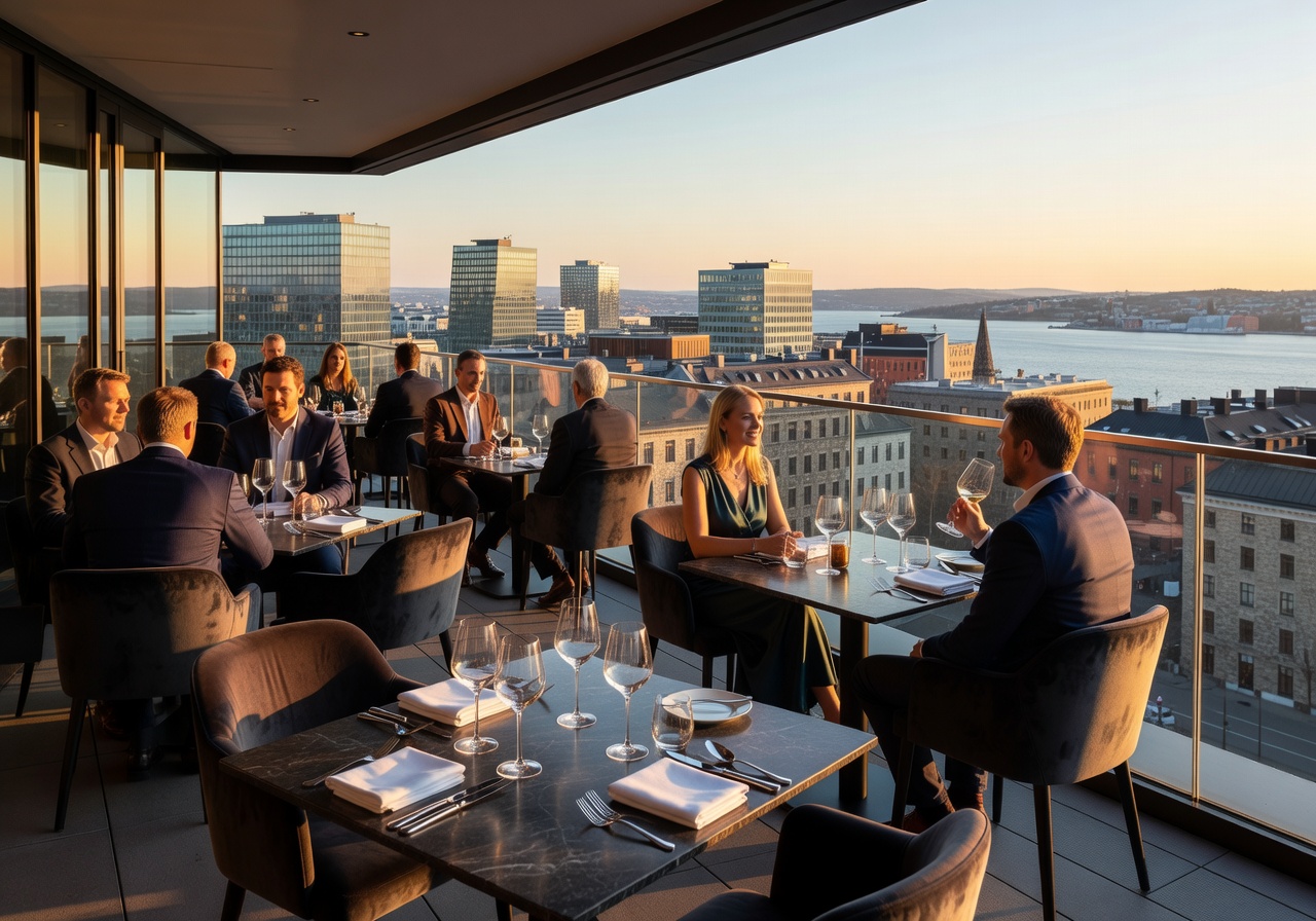 Rooftop fine dining restaurant overlooking Oslo