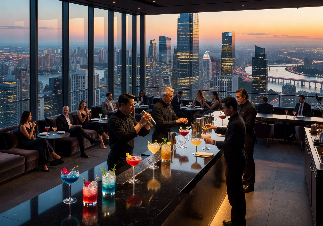 Sky bar serving cocktails with a panoramic view