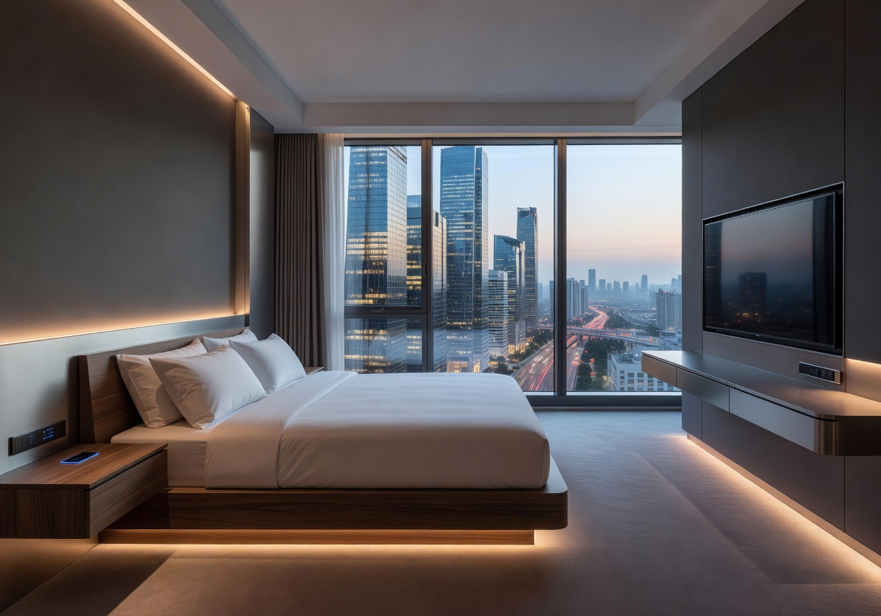 Smart modern hotel room with city view