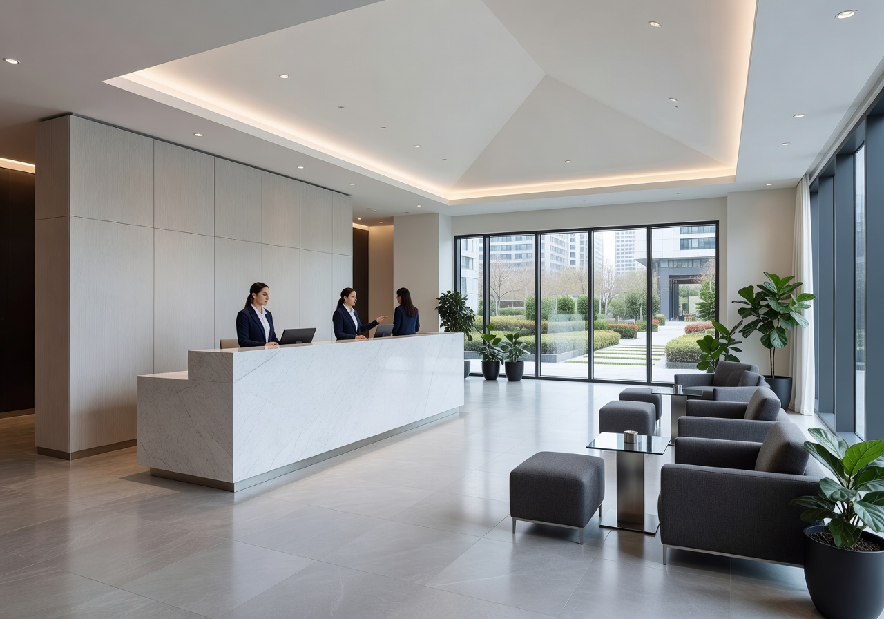 Spacious and modern reception lobby at Radisson Plaza