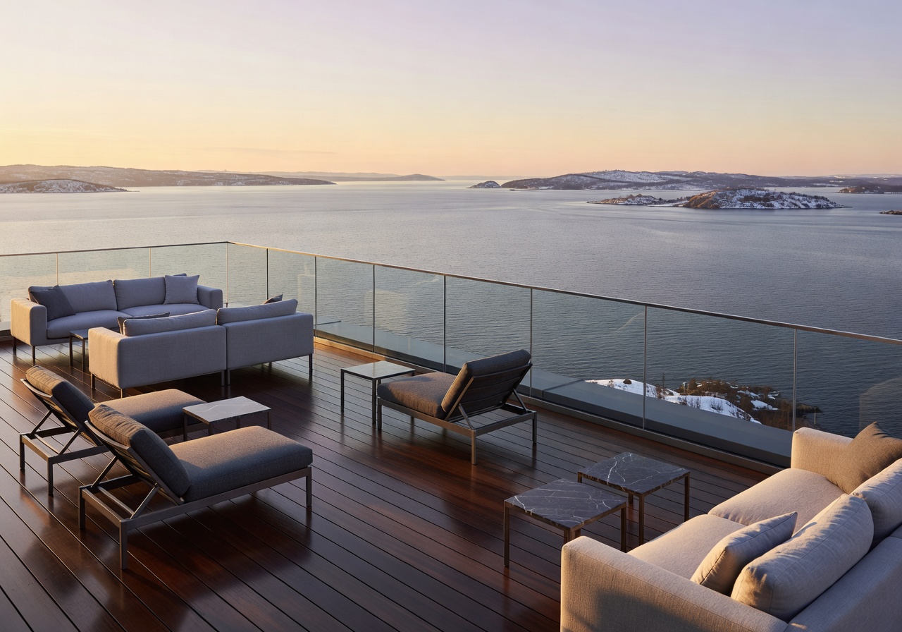 The Thief exclusive rooftop terrace overlooking the Oslo fjord