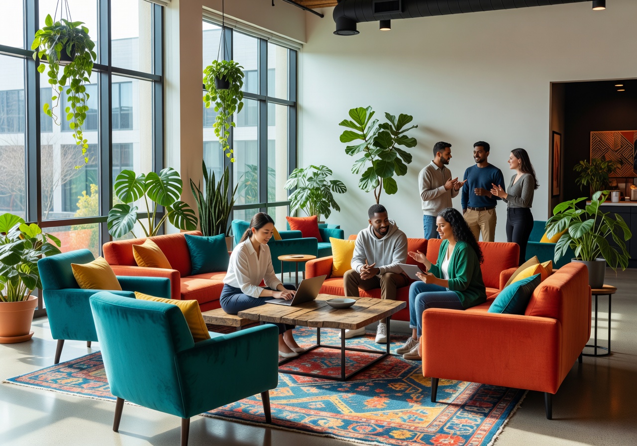 Vibrant co-working lobby area with natural light