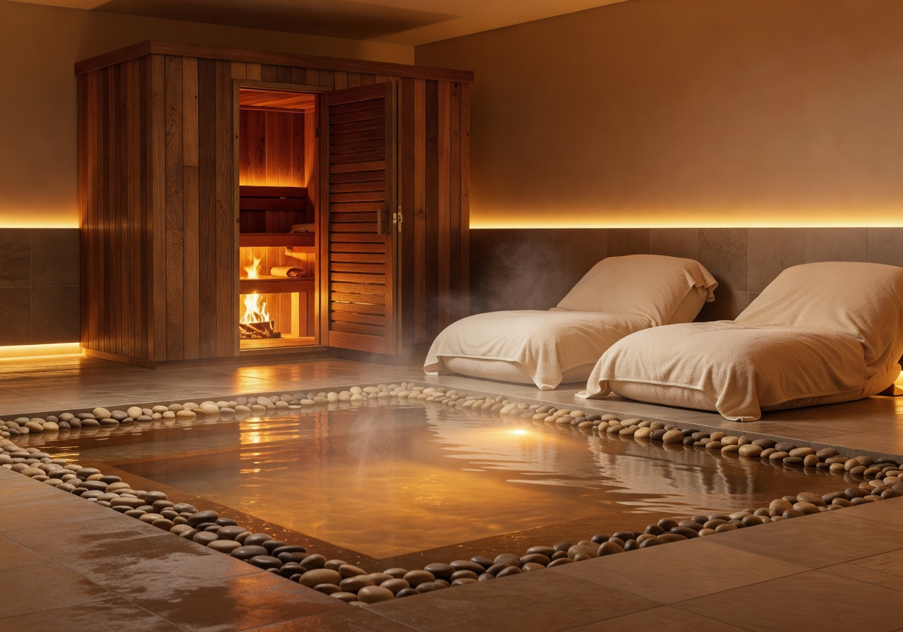 Warm relaxation pool and sauna area